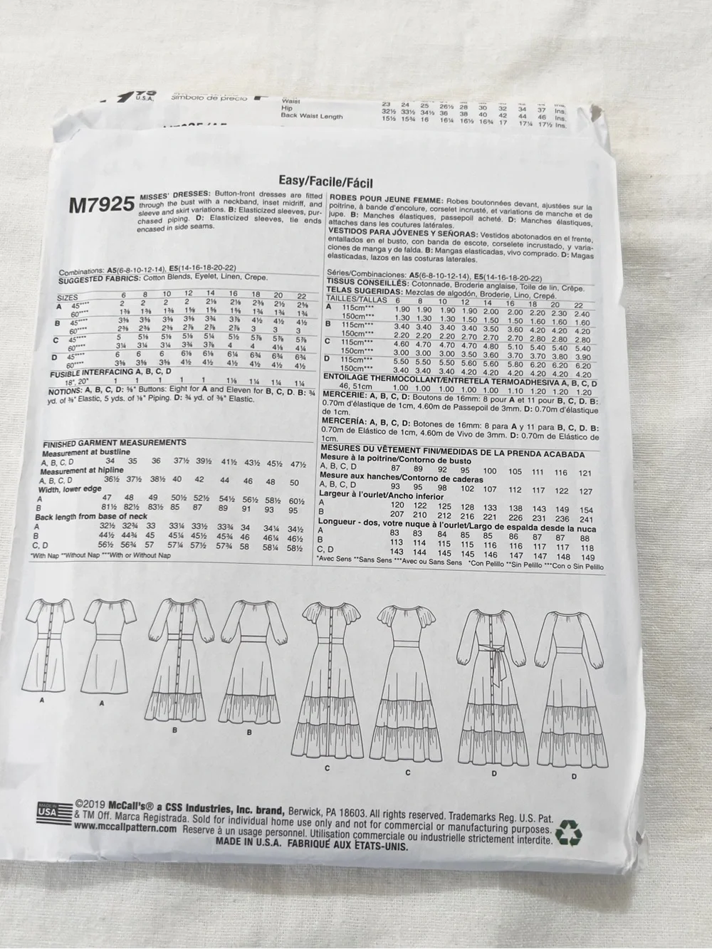 McCall’s M7925 Sewing Pattern Misses Dresses Size A5 6-14 Maxi Dress Uncut